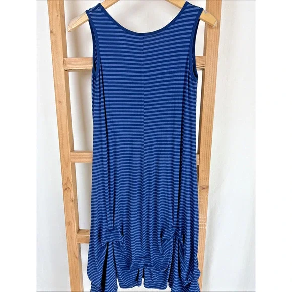 NWT Kleen Blue Striped Round Neck Draped Hem Midi Tank Dress #0857 Size 1X - Picture 2 of 5